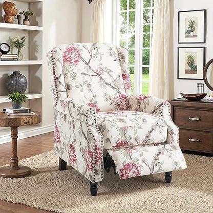 Recliner Chair, Upholstered Wingback Floral Pushback Armchair with Adjustable Backrest & Footrest, Comfy Accent Chair for Small Spaces, Living Room, Bedroom (Plants Floral, Set of 2)