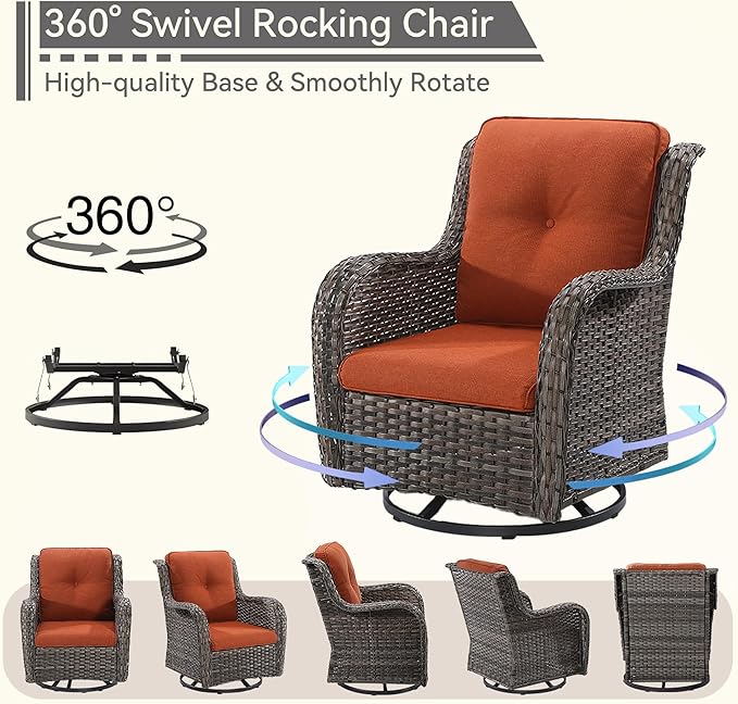 Outdoor Swivel Rocker Patio Chair - Outdoor Wicker Patio Chair with Olefin Fabric Cushions, Suitable for Backyard Deck and Porch, Orange