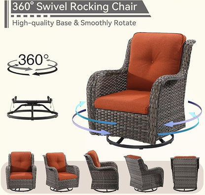 5 Piece Outdoor Patio Furniture Set Wicker Conversation Set Swivel Rocking Chairs with Side Table and Ottomans for Backyard, Porch, Deck, Orange
