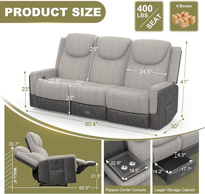 Manual Reclining Sofa, Flip Middle Backrest 2-in-1 Couch with Large Storage Drawer, USB Ports & Cup Holders, Grey Linen & Chocolate Leather Living Room Loveseat Recliner Sofa, Grey