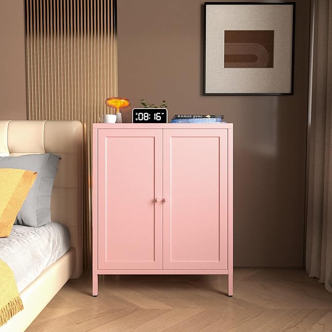 Living Room Cabinets, Pink Lockable Storage Cabinets with Doors and Shelves,2 Door Cabinet with high feet,Low Side Cupboard for Home,Office,Kitchen,Bathroom,Dining Room