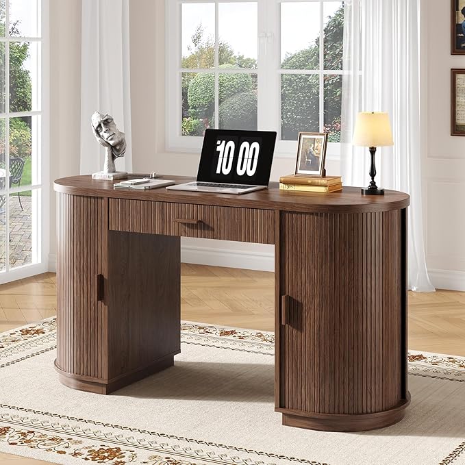ONBRILL 58" Fluted Executive Desk with Storage, Home Office Desk with Drawers, Wood Computer Writing Desks with Charging Station for Study Living Room Bedroom Work Walnut