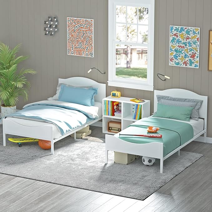 Timy Kids Twin Bed Frame with Wooden Headboard and Footboard, Metal Platform Bed Frame for Boys Girls Teens Adults, Modern Kids Furniture, No Box Spring Needed, White