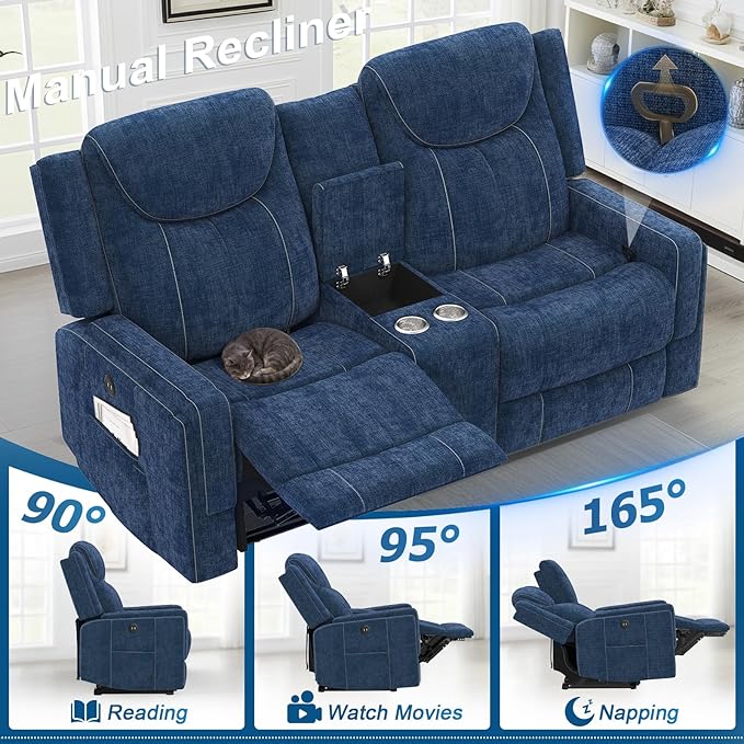 Loveseat Recliner Sofa, Manual Reclining Loveseat Sofa with Storage Console, Cup Holders, USB Ports, Modern Luxury Large Navy Blue Linen Recliner Couch for Living Room/RV