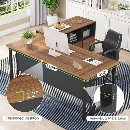 Tribesigns 63 inches Executive Desk and 47" lateral File Cabinet, L-Shaped Computer Desk Home Office Business Furniture with Drawers and Storage Shelves, Office Table,Brown and Black