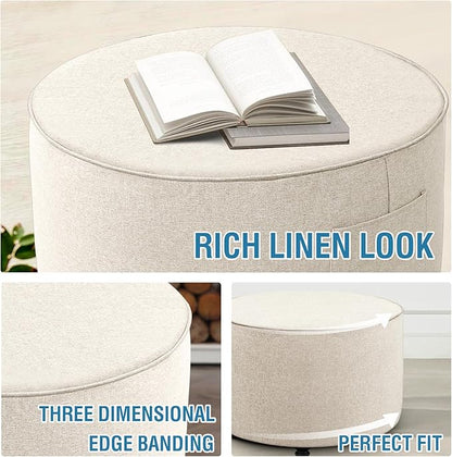 H.VERSAILTEX Ottoman Cover Round Thick Linen Look Ottoman Slipcover Round Ottoman Storage Cover Folding Stool Covers Furniture Protector Cover for Footrest Ottoman Fit Dia 24" - 26", Heather Ivory