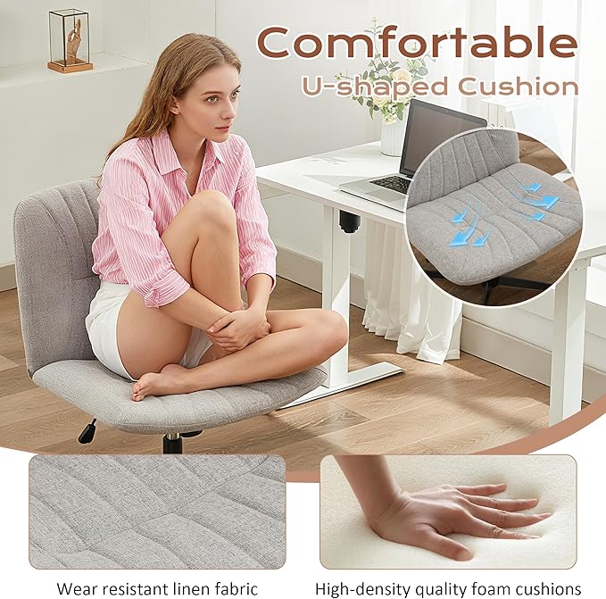 URRED Criss Cross Office Chair, Armless Cross-Legged Desk Chair with Fixed Legs, Height Adjustable Wide Seat Task Vanity Chair for Home Office or Bedroom (Grey)