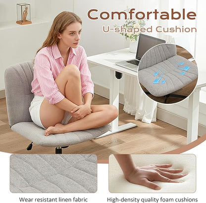 URRED Criss Cross Office Chair, Armless Cross-Legged Desk Chair with Fixed Legs, Height Adjustable Wide Seat Task Vanity Chair for Home Office or Bedroom (Grey)