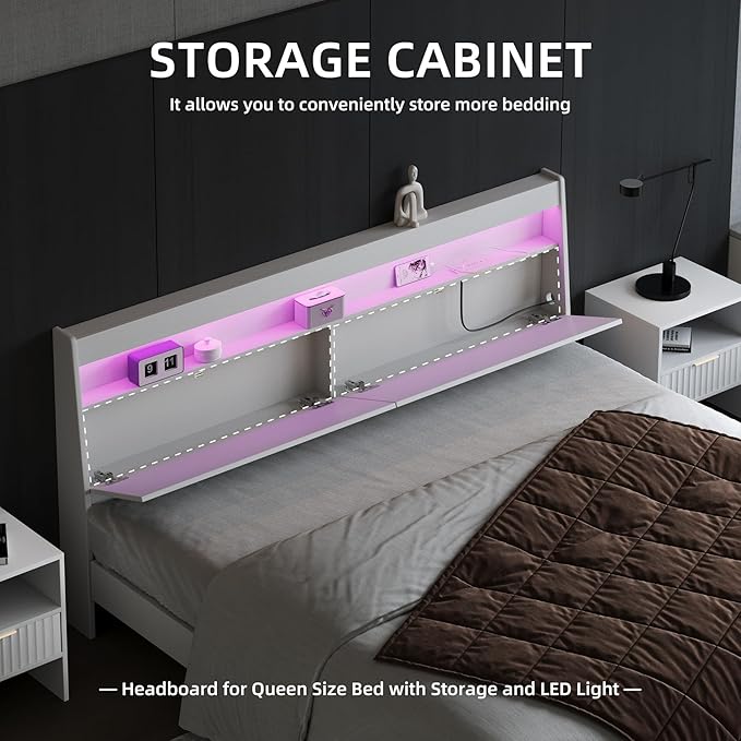 Modern Wooden Headboard with Storage, LED Light, Power Outlets, 2 USB Ports, Black, Skirting Groove (White, Queen)
