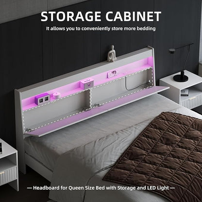 Modern Wooden Headboard with Storage, LED Light, Power Outlets, 2 USB Ports, Black, Skirting Groove (White, Queen)