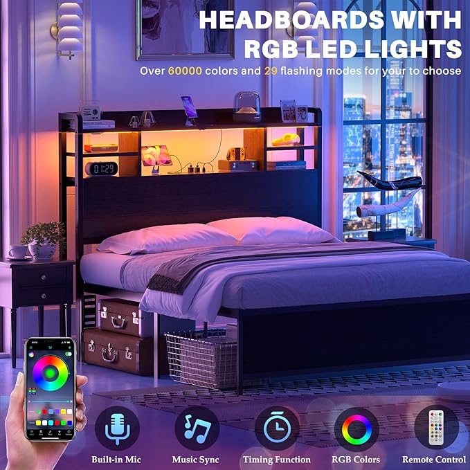Aheaplus Headboard for Twin Size Bed with Storage, Headboards with LED Light, Power Outlets, USB Ports Twin Size Head Board, Wood headboard Only Sturdy and Stable Headboards, Modern, Black