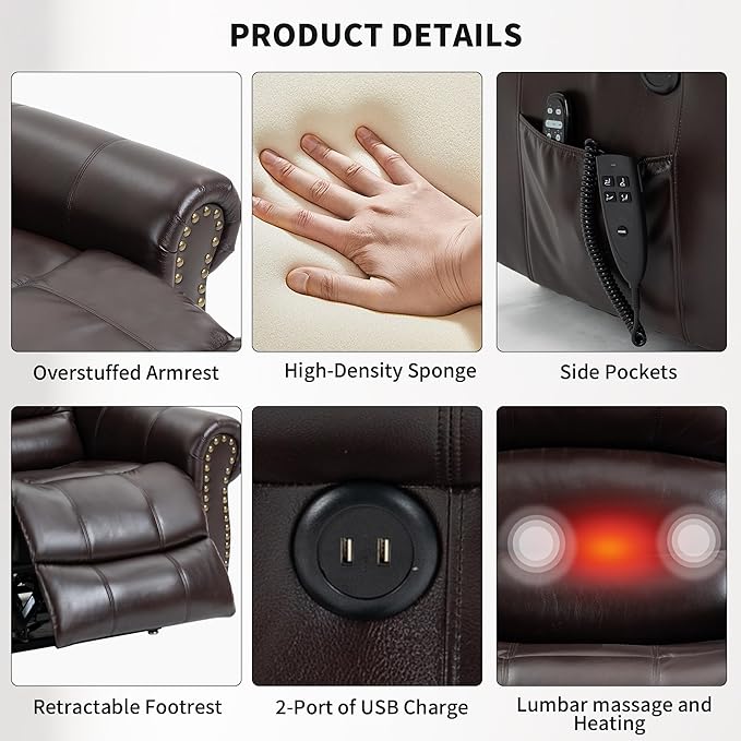 Recliner Chairs for Adults, Oversized Bedroom Chair with Massage, Sofa Chair Home Theater Seating with Lumbar Support, Lift Chair for Elderly, Nursery Chair for Living Room (Breathable Leather)