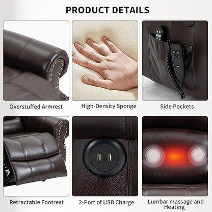 Recliner Chairs for Adults, Oversized Bedroom Chair with Massage, Sofa Chair Home Theater Seating with Lumbar Support, Lift Chair for Elderly, Nursery Chair for Living Room (Breathable Leather)