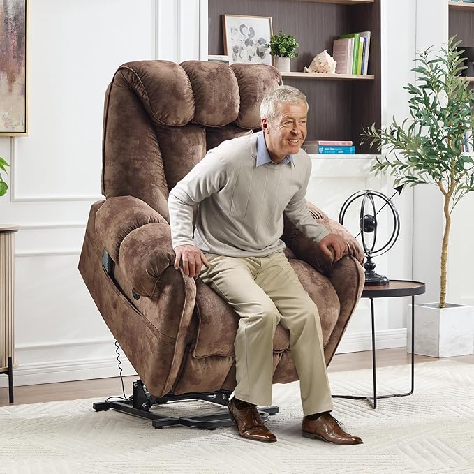 CANMOV Power Lift Recliner Chair for Elderly with Massage & Heat, Overstuffed Recliner Chairs for Adults, Electric Recliners with Type-C & USB Port, Side Pockets, for Living Room, Brown