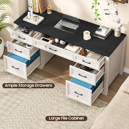 Farmhouse Executive Desk, Wood Home Office Desk with 2 Large File Drawers and 5 Storage Cabinets, Rustic Writing Desk for Work and Study, Black