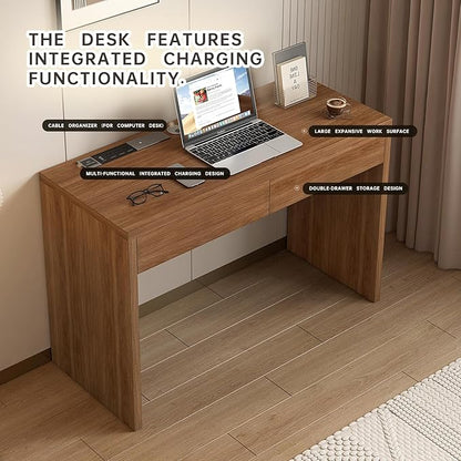 Dongge 47-Inch Office Desk with Pull-Out Outlet, Computer Desk with 2 Sturdy Drawers, Writing/Gaming/Work/Study Desk for Bedroom, Living Room & Home Office, Brown