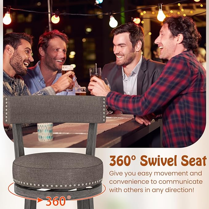COSTWAY Bar Stools Set of 4, Upholstered Farmhouse Bar stools with Cushioned Seat & Backrest, Solid Wood Legs, Footrest, 26” Counter Height Swivel Stools for Kitchen Island, Pub (4, 26'' Seat Height)