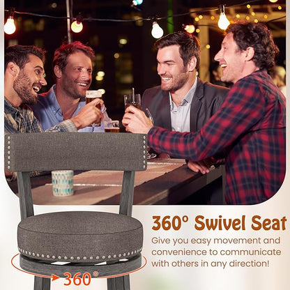 COSTWAY Bar Stools Set of 2, Upholstered Farmhouse Bar stools w/Cushioned Seat & Backrest, Solid Wood Legs, Footrest, 26” Counter Height Swivel Stools for Kitchen Island, Pub (2, 26'' Seat Height)
