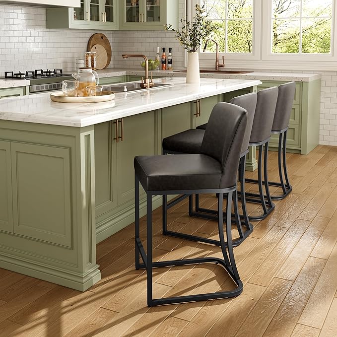 MAISON ARTS Counter Height Bar Stools with Back Set of 6 for Kitchen Counter, 24 Inch Modern Upholstered Faux Leather Barstools Farmhouse Bar Chairs Luxury Island Stools Support 330LBS, Grey