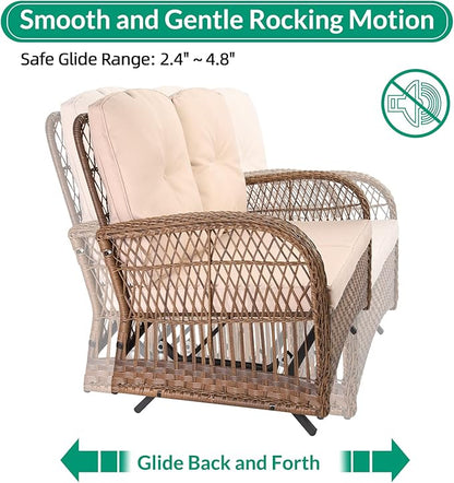 VIVIJASON 5-Piece Outdoor Patio Wicker Conversation Sets, All Weather Outdoor Rattan Furniture Set Includes Glider Loveseat, 2 Coffee Table, 2 Swivel-Gliders Chairs with Cushions, Light Brown