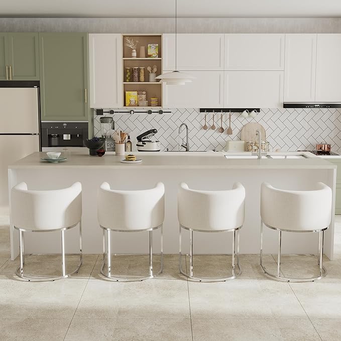 Contemporary Cream Linen Bar Stools Set of 4, 24" Upholstered Fabric Counter Height Barstools Kitchen Counter Island Stools with Screwed Together Chrome Finish Base
