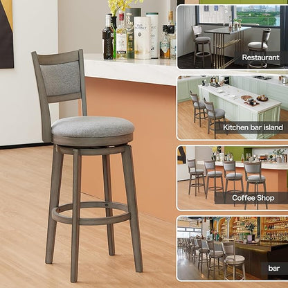 PrimeZone Swivel Bar Stools Set of 2, 30 Inch Bar Height Barstools, High Back Bar Stool with Solid Wood Legs & Wrap-Around Footrest, Counter Stools for Kitchen Island, Pub, Grey