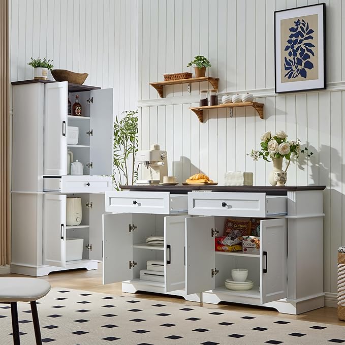 White Farmhouse Storage Cabinet with 2 Doors and 1 Drawer, Adjustable Shelf, Freestanding Kitchen Pantry Cabinet, Modern Buffet Sideboard Coffee Bar Cabinet Living Room Bathroom Dining Room