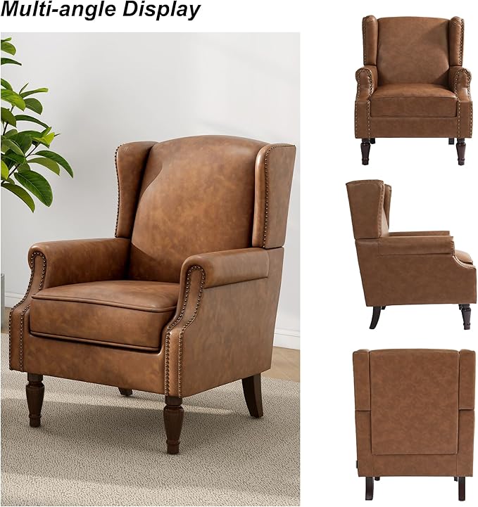 Accent Chair, Upholstered High Back Armchair with Nailhead Trim & Wood Legs, Comfy Wingback Reading Single Sofa Chair for Small Spaces, Living Room, Bedroom (Leather Brown, Set of 1)