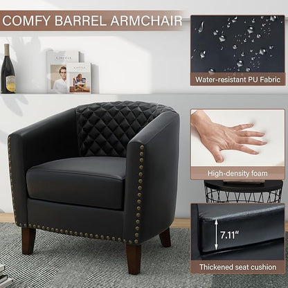 Pia Ricco Faux Leather Barrel Accent Chair, Modern Club Arm Chair Comfy Upholstered Single Sofa Chair with Solid Wood Legs and Nailhead Trim for Living Room/Reading Room, Black