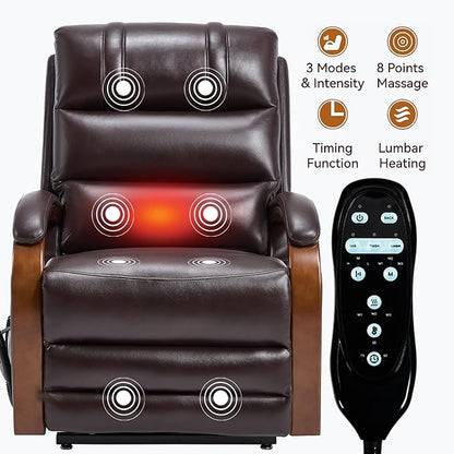Dual Motor Recliner Lift Chair with Heat and Massage, Heavy Duty Leather Power Lift Recliner Chair Idea Gifts for Seniors, Stand Assistance, Dark Brown
