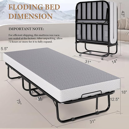 Folding Bed with Memory Foam Mattress, Portable Rollaway Guest Beds on Wheels, 75"x31" Twin Size Space-Saving Cot-Size Bed for Adults with Easy Assembly Metal Frame (Grey)