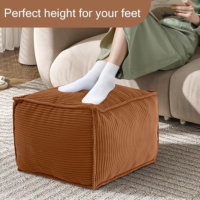 MeMoreCool Square Stuffed Pouf Ottoman Foot Rest, Corduroy Floor Pouf Foot Stool with Foam Chunk Filling, Soft Stuffed Ottoman Footrest for Living Room, Coffee