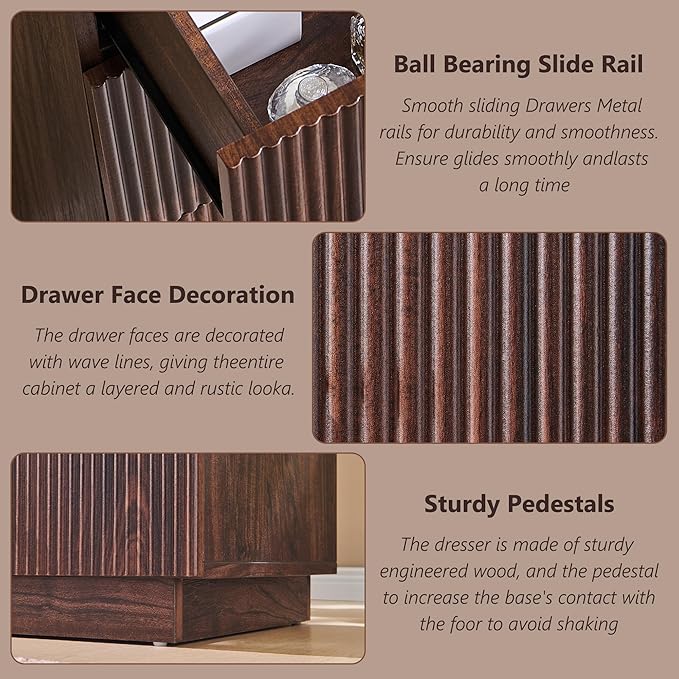 Fluted Dresser for Bedroom, 48" H 7 Drawer Dressers, Wood Tall Dresser Storage Organizer, Modern Bedroom Chest with Deep Storage for Closet Hallway, Entryway, Living Room, Brown