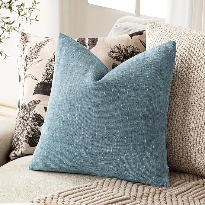 Foindtower Pack of 2 Textured Chenille Throw Decorative Pillow Covers Square Accent Solid Cushion Cover Neutral Farmhouse Pillow Case for Couch Sofa Bedroom Living Room 24x24 Inch,Light Blue