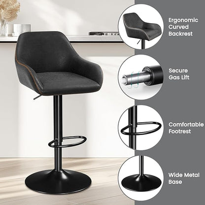 Yaheetech Bar Stools Set of 4, PU Leather Swivel Counter Height Barstools, Adjustable Bar Chairs with Backrest and Footrest, Kitchen Island Stool for Home Kitchen, Black