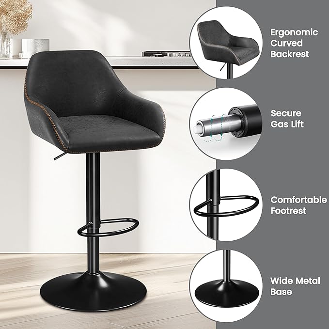 Yaheetech Bar Stools Set of 2, PU Leather Swivel Counter Height Barstools, Adjustable Bar Chairs with Backrest and Footrest, Kitchen Island Stool for Home Kitchen, Black