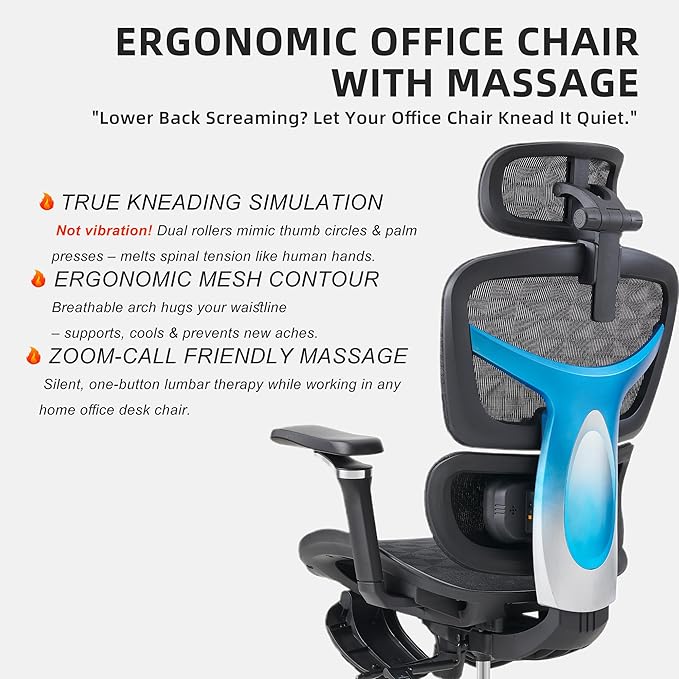 Ergonomic Home Office Desk Chair with Massage Lumbar Support，4D Headrest & 5D Armrests, Reclining Big and Tall 400LBS Mesh Chair with Footrest，Adjustable Back High and Seat Depth(Black)