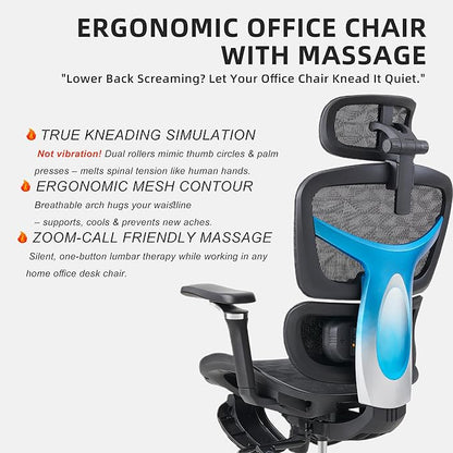 Ergonomic Home Office Desk Chair with Massage Lumbar Support，4D Headrest & 5D Armrests, Reclining Big and Tall 400LBS Mesh Chair with Footrest，Adjustable Back High and Seat Depth(Black)