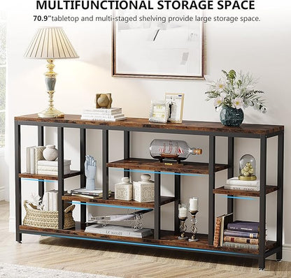 Tribesigns Console Sofa Table, 70.9 inch Extra Long Table Behind Couch with Storage Shelves, 3-Tier Industrial Narrow Entryway Hallway Accent Table for Living Room, Rustic Brown