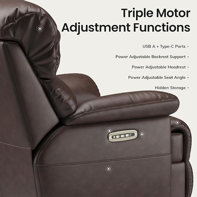 COLAMY Triple Motors Power Recliner Chair with Power Headrest & Lumbar Support Independent Adjustment for Living Room, Leather Electric Recliner Sofa Chair, Dark Brown