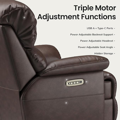 COLAMY Triple Motors Power Recliner Chair with Power Headrest & Lumbar Support Independent Adjustment for Living Room, Leather Electric Recliner Sofa Chair, Dark Brown