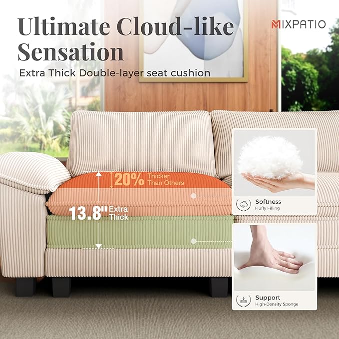 53.5" Modular Sectional Single Sofa, Soft Plush Corduroy Armchair with Comfortable Deep Seat & Removable Arms for Living Room，Beige