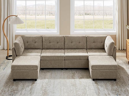 VANOMi 4 Seat Modular Cloud Sofa with 2 Ottomans, 118" Sectional Sofas & Couches for Living Room, Comfy Chenille Cloud Sectional Couch Sofas for Living Room, Apartment, Office, Camel, U Shaped