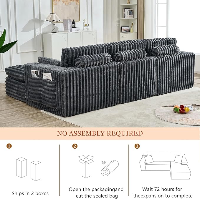 114" Cloud Boneless Sectional Couches for Living Room, Modular Sectional Sofa with Cup Holder, Cozy Fluffy L Shaped Deep Seat Couch with Storage Pocket, No Assembly Required, Dark Grey