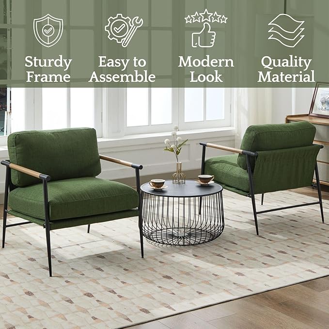 LukeAlon Mid-Century Linen Accent Chair, Ultra Soft Living Room Chair with Metal Legs Modern Armchair Reading Nook Chair Lounge Chair Upholstered Comfy Leisure Chair for Bedroom Waiting Room, Green
