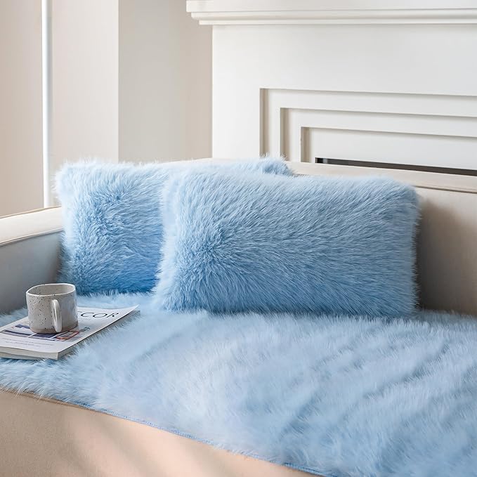 Neelvin Blue Faux Fur Cozy Fluffy Double-Sided Decorative Throw Pillow Covers 12x20 inch Set of 2,Velvet Pillowcase Cushion Case for Sofa Couch