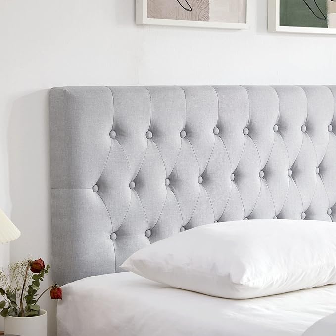Kingfun Upholstered Tufted Twin Bed Headboard in Modern Button Design, Adjustable Solid Wood Head Board, Premium Linen Fabric Padded Headboards in Bedroom, Grey