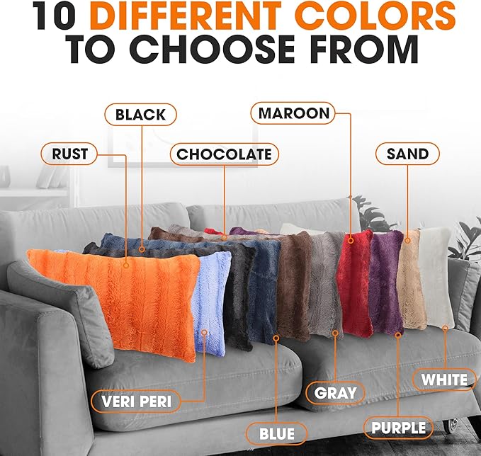 Cheer Collection Fall Decorative Throw Pillows for Couch – Set of 2 Faux Fur Fall Pillows for Couch, Cozy Fall Couch Pillows for Living Room or Bed, Soft, Rust Accent Pillows, 12" x 20"