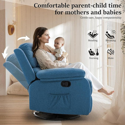Recliner Chair, 360 Swivel Rocker Chair for Adults, Small Rocking Recliner Chair for Small Spaces, Upholstered Fabric Glider Recliner Nursery Chair with Side Pockets for Living Room, Nursery