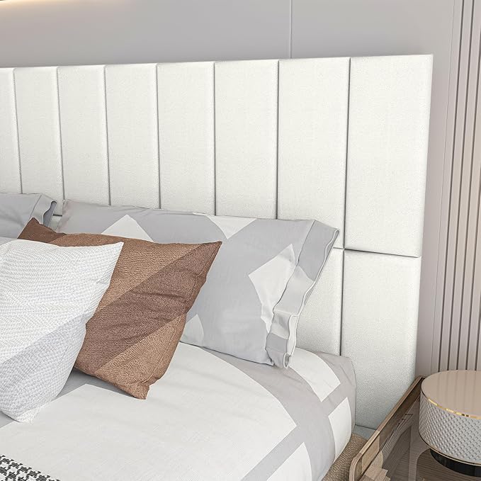 Art3d Peel and Stick Headboard for King, Full and Queen in Velvet Pearl, Pack of 12 Panels Sized 9.84" x 23.62", Soundproof Upholstered 3D Wall Panels